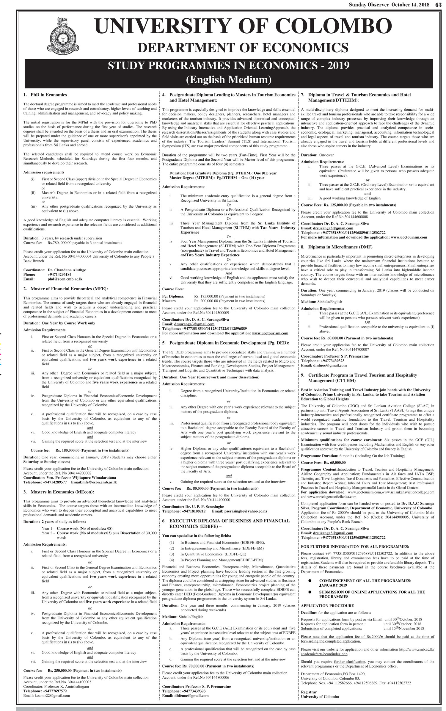 Study Programmes in Economics - Department of Economics - University of Colombo